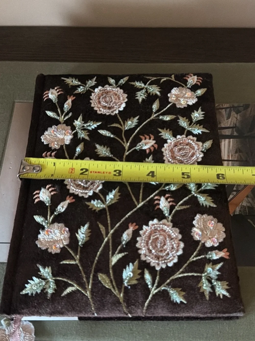 Embroidered Floral Velvet Journal - Brown with Pink Accents